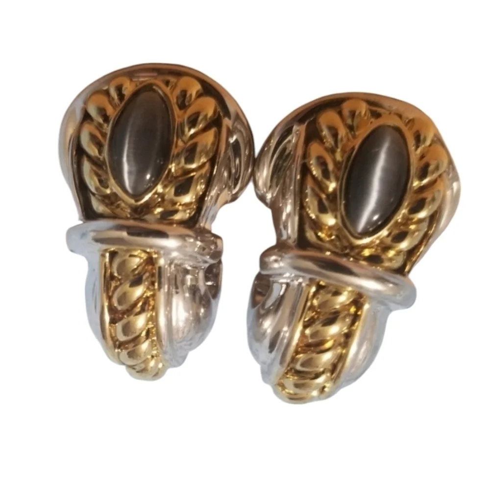 VINTAGE St. John Blue Cat Eye Buckle Clip-On Earrings Gold & Silver Tone